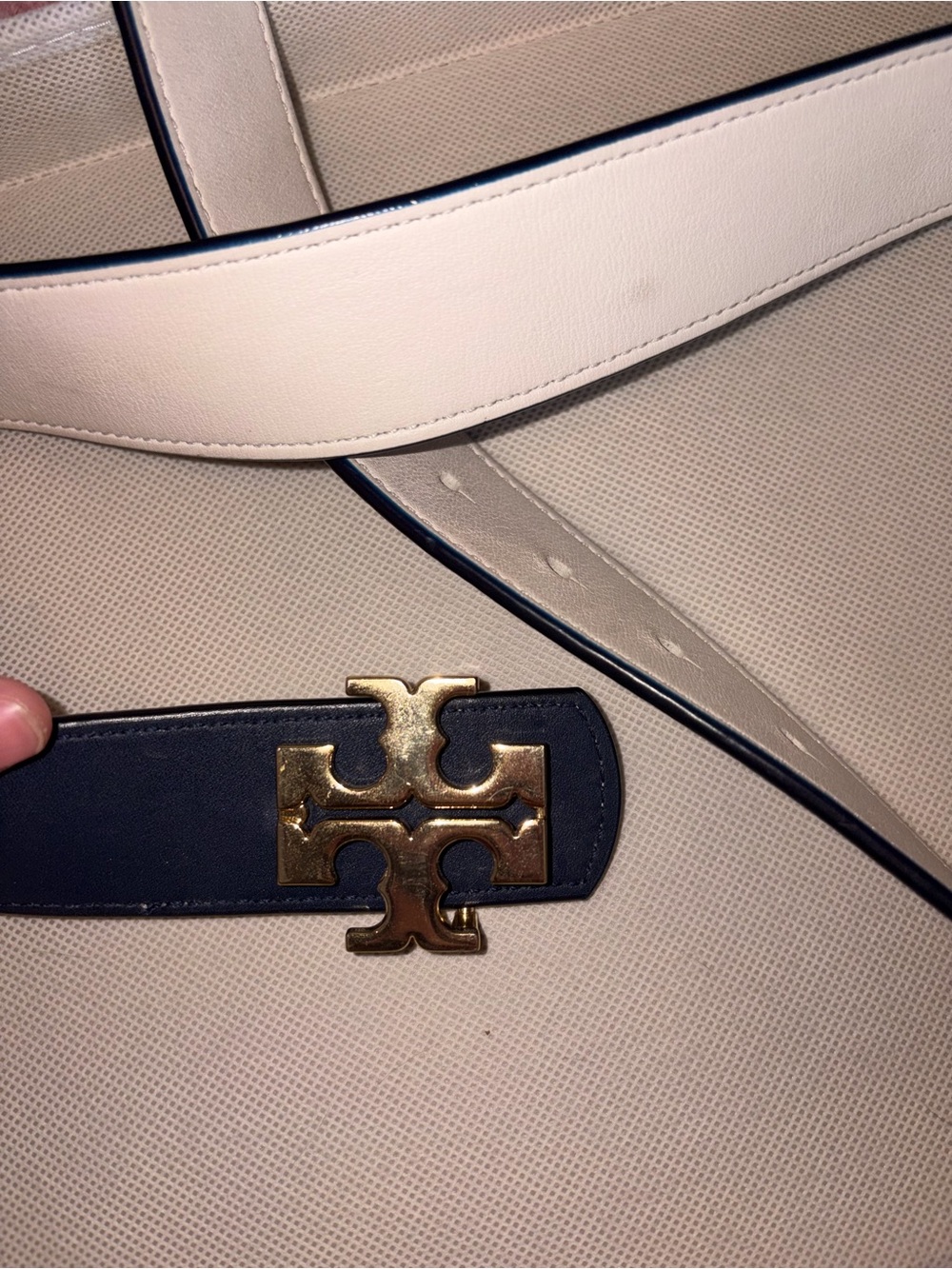 Tory Burch Navy Leather Belt with Gold Logo Buckle - Picture 3 of 12